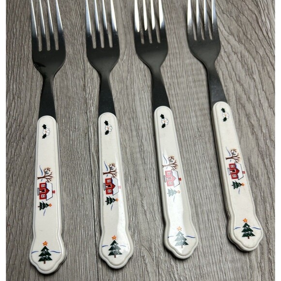 Set Of 4 Vintage Pfaltzgraff Snow Village Dinner Forks Acrylic Handle - Picture 1 of 6